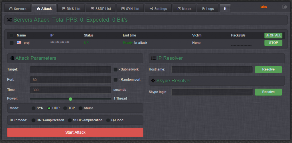 Attack management tab (UDP attack)