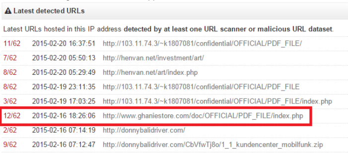 Figure 1. VirusTotal report on URLs hosted in the same IP address as the malicious link sent to Laurie. The link itself is framed in red.