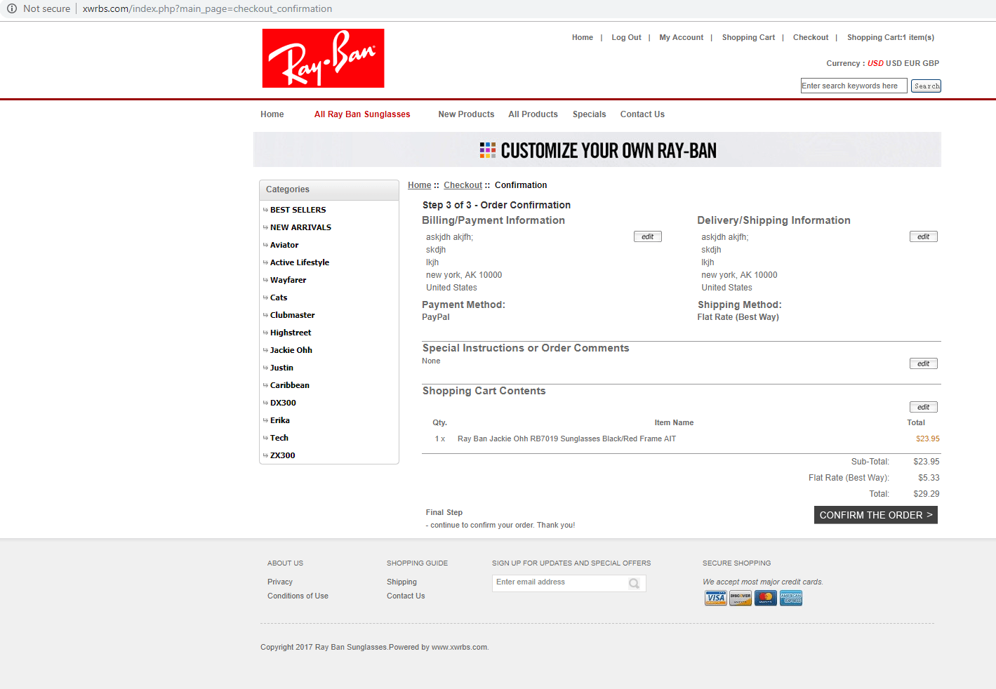 ray ban order number