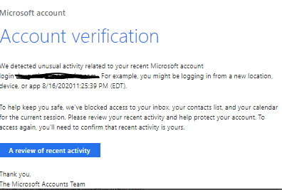 microsoft unusual activity email