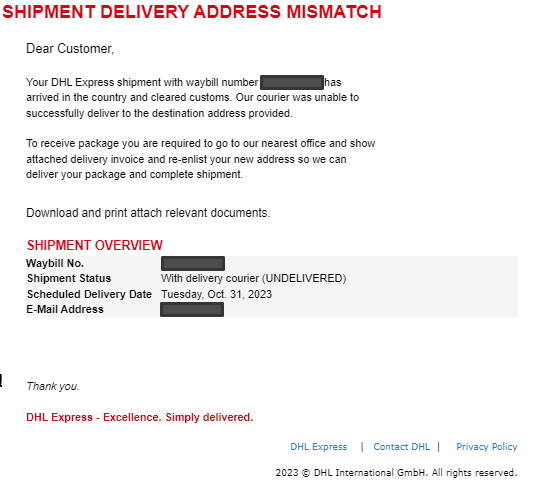 Emails impersonating delivery company DHL.