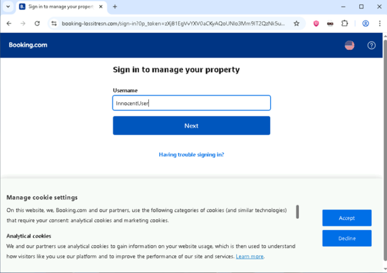 Suplantación de Bookings en una página que imita la página de log in para hosts